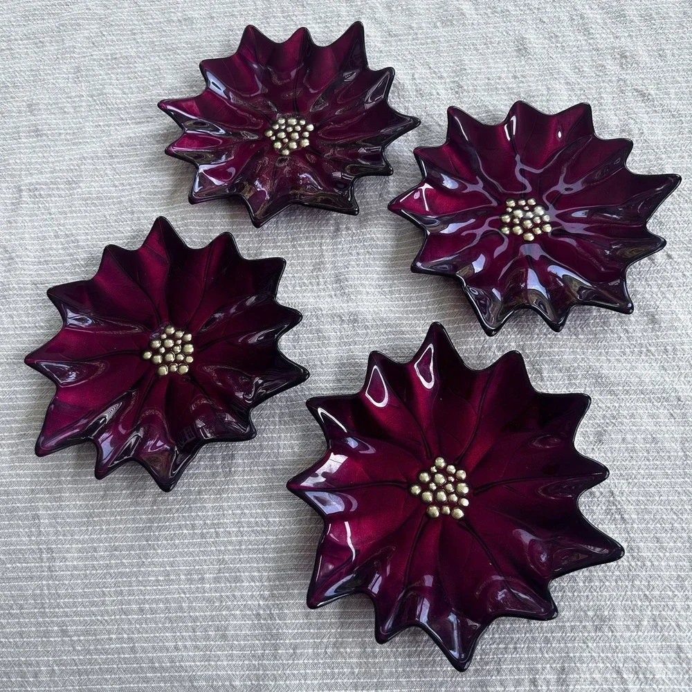 Set Of 4 Vintage Pier 1 Red Glass Poinsettia Dish Gold Center 8